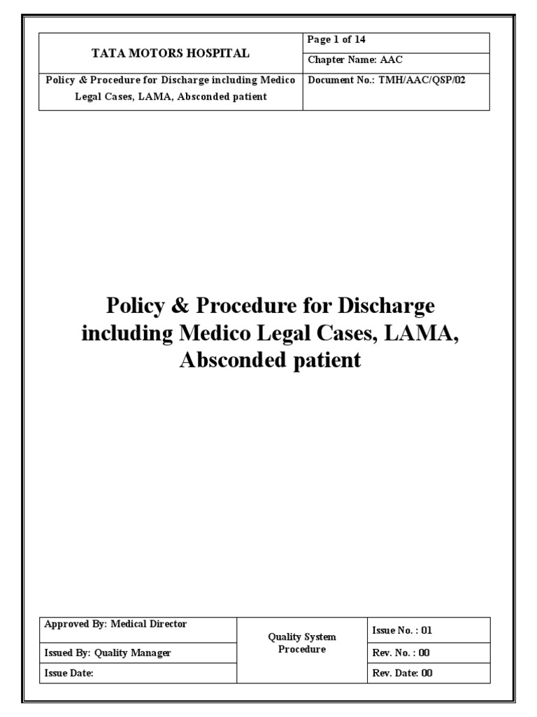 Discharge Policy for LAMA and Absconded Patients | PDF | Patient | Hospital