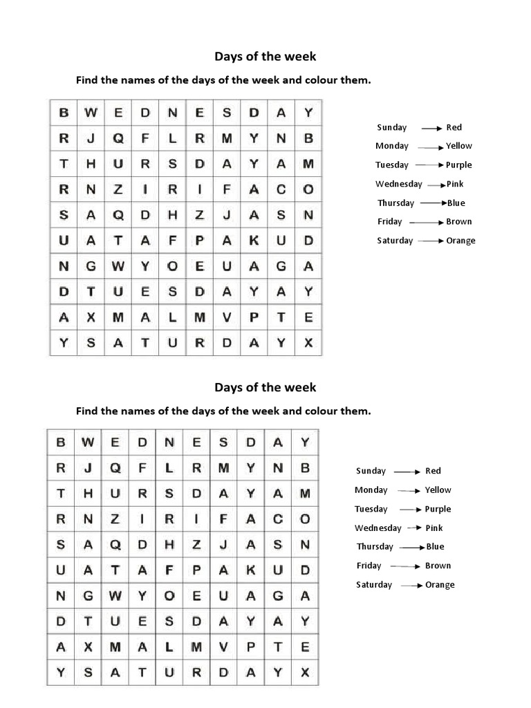 Days of The Week Wordsearch Primary | PDF