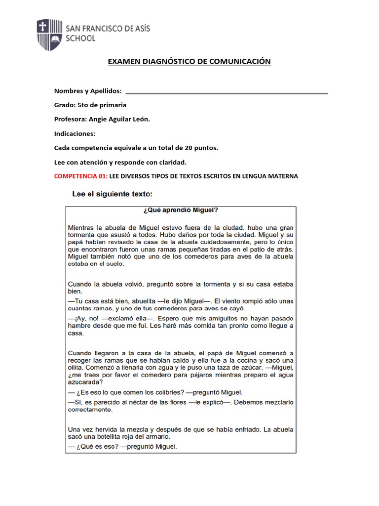 Examen de Comunicación 5to Primaria 2024 | PDF
