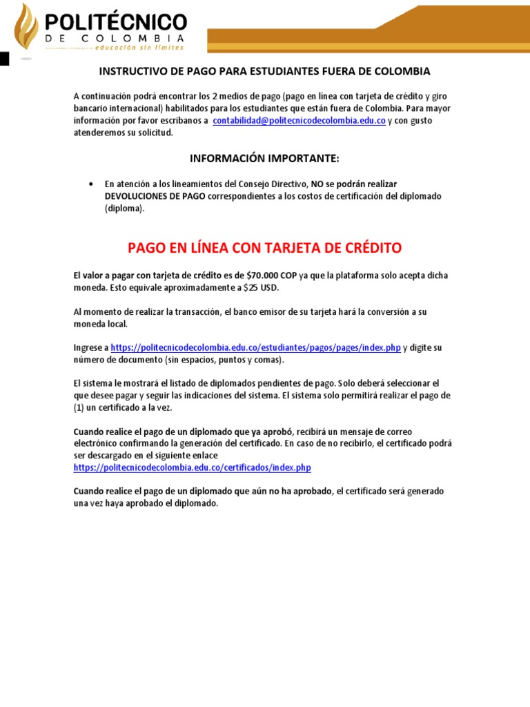 Instructivo de Pago para Estudiantes Fuera de Colombia | PDF | Bancos ...