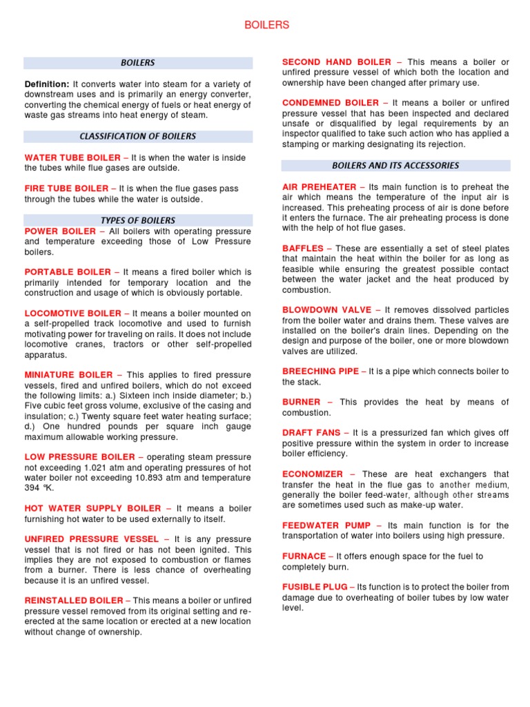BOILERS Definition and Formula PDF Boiler Water Heating