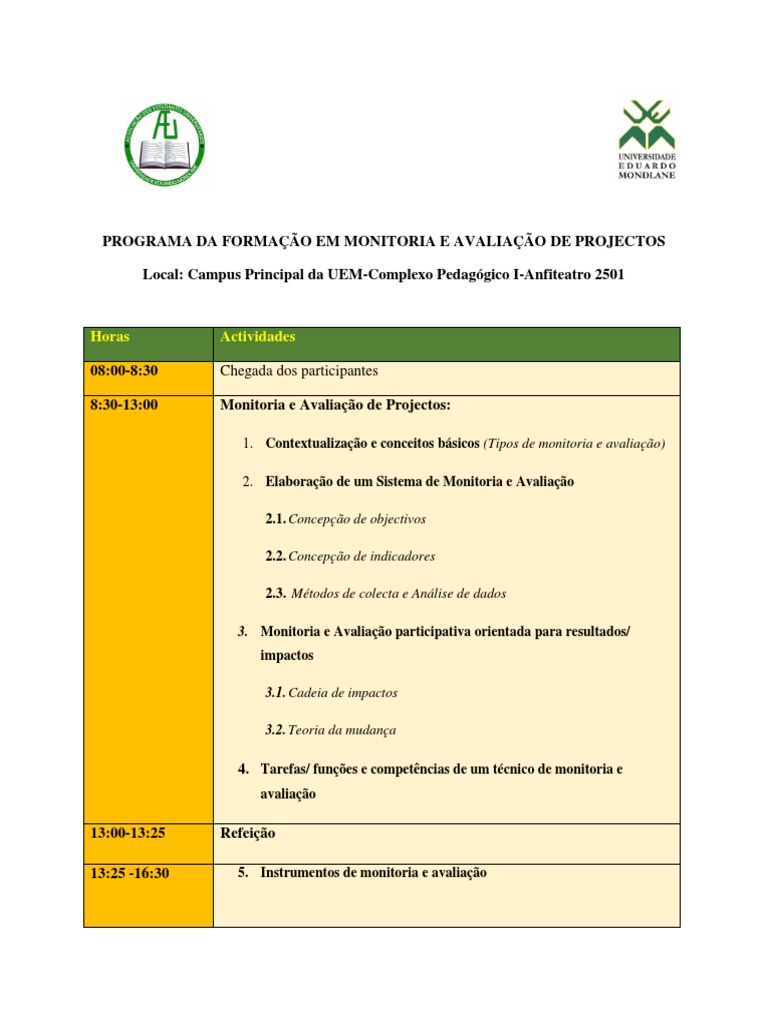 Programa Da Formacao em Monitoria e Avaliacao de Projectos | PDF
