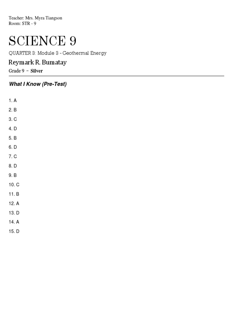 Science 9 Quarter 3 Module 3 | PDF | Power Station | Geothermal Energy