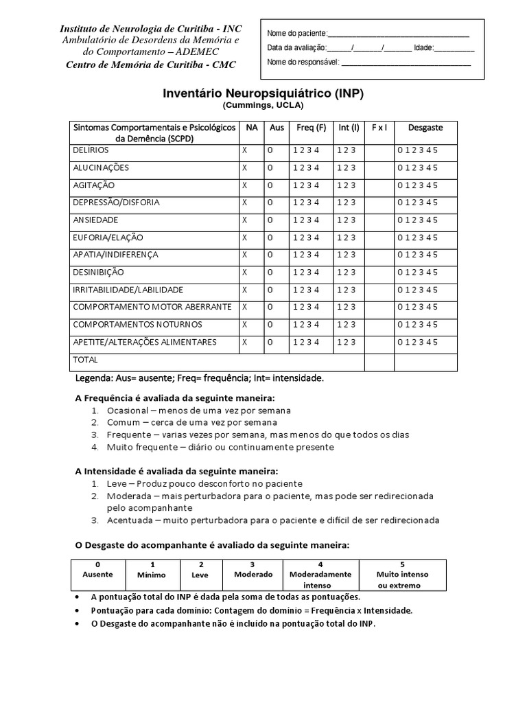 Inventário Neuropsiquiátrico (NPI) | PDF | Medicina Clínica | Doenças e ...