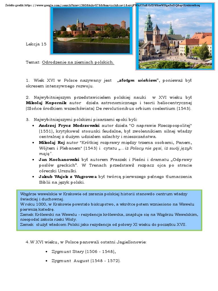 Wiosna Ludów Na Ziemiach Polskich Notatka Lekcja 15 Odrodzenie Na Ziemiach Polskich. Klasa 6 | PDF