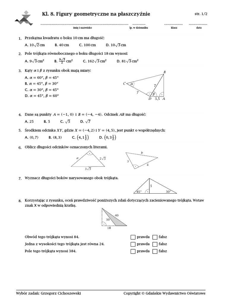 Sprawdzian Matematyka Figury Podobne Gwo 8 Sprawdzian - Figury Geometryczne Na Płaszczyźnie | PDF