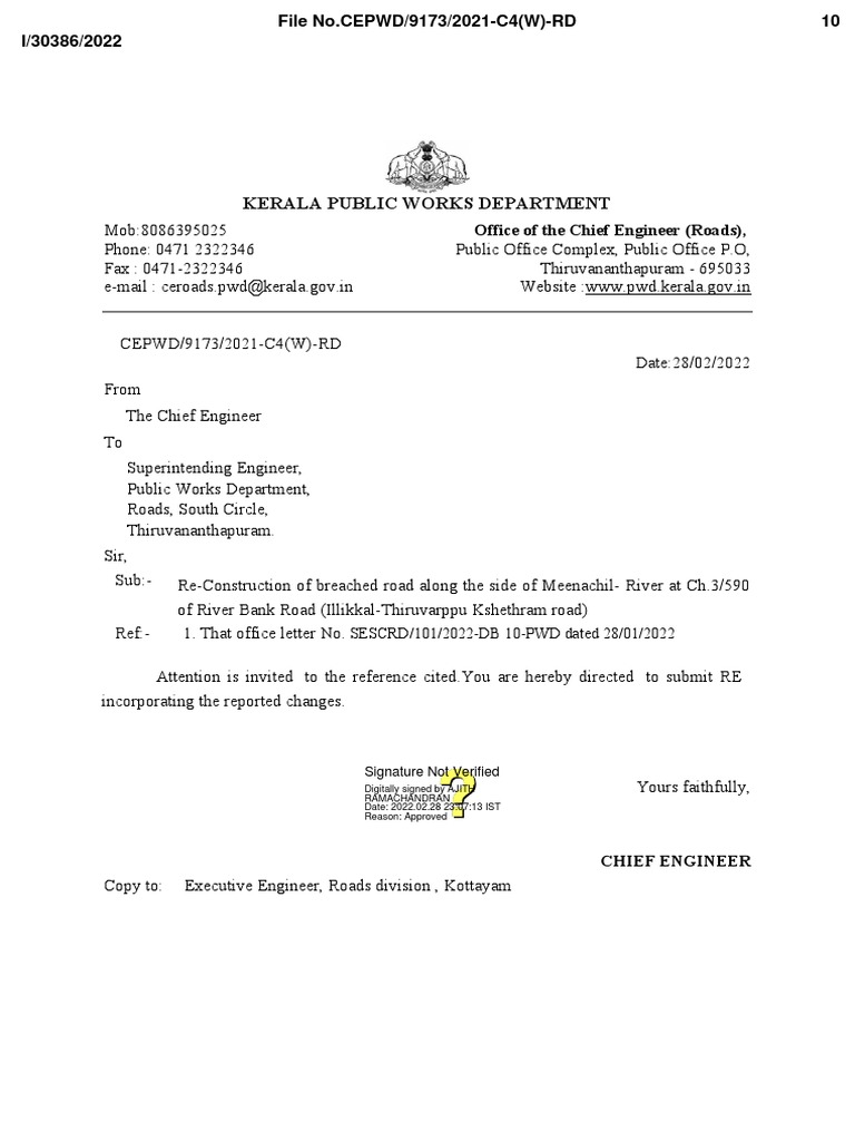 Kerala Public Works Department: Office of The Chief Engineer (Roads) | PDF