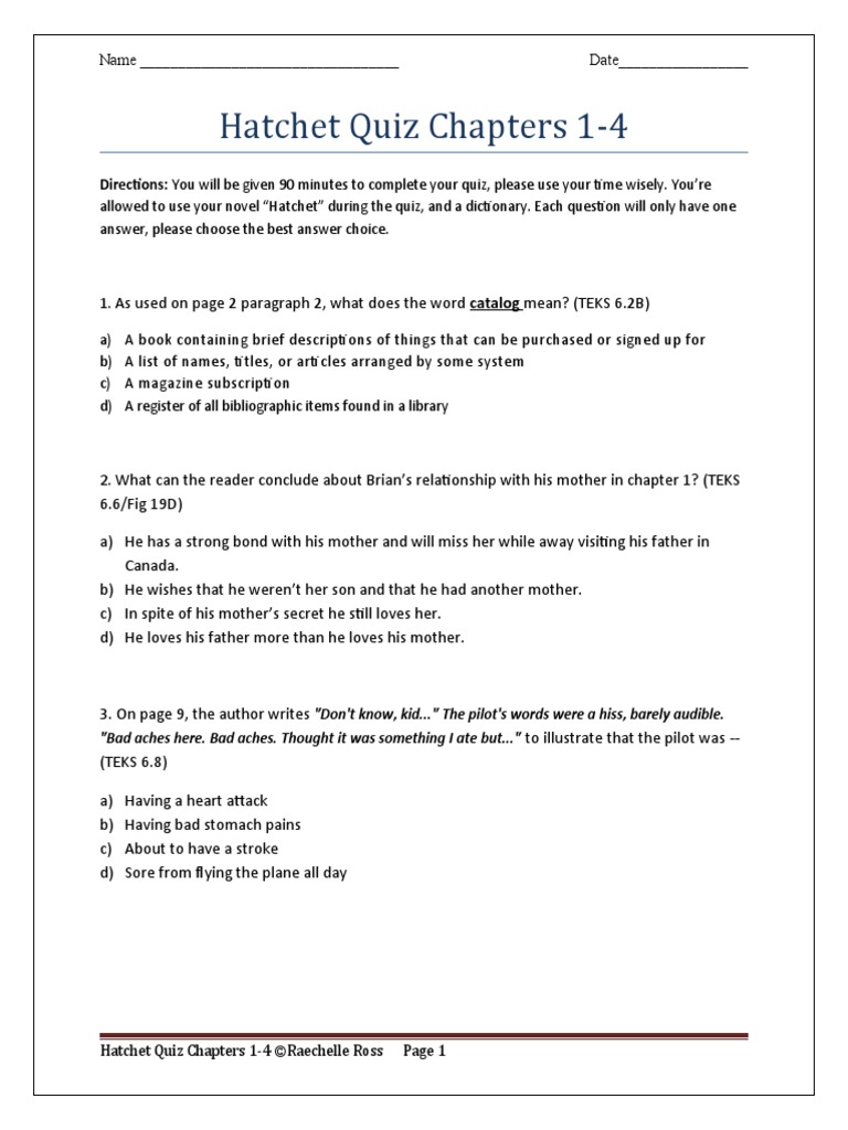 Hatchet Quiz Chapters 14 PDF