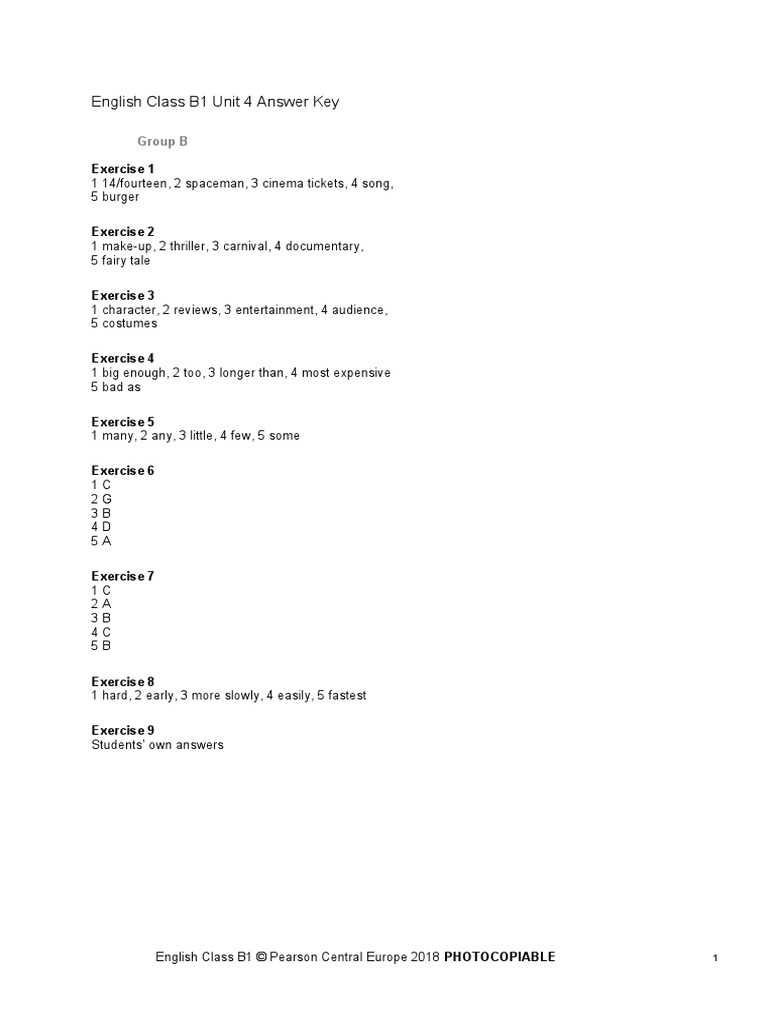 B1 Unit 4 Answer Key | PDF | Language Arts & Discipline