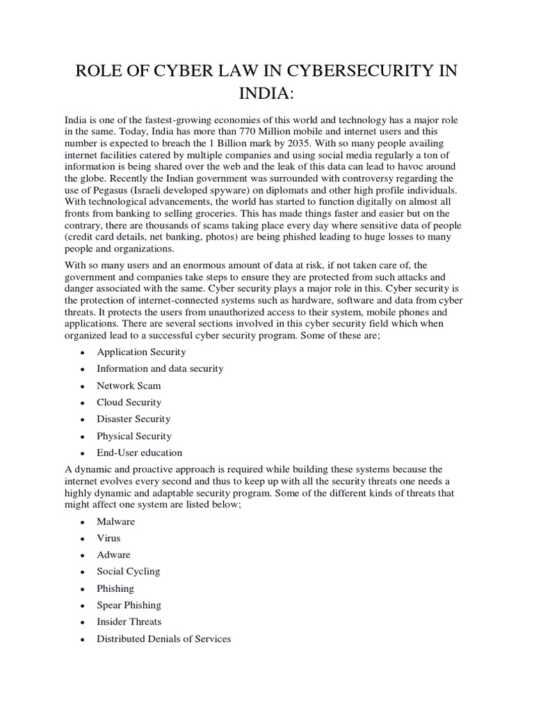 Role Of Cyber Law In Cyber Security In India PDF Security