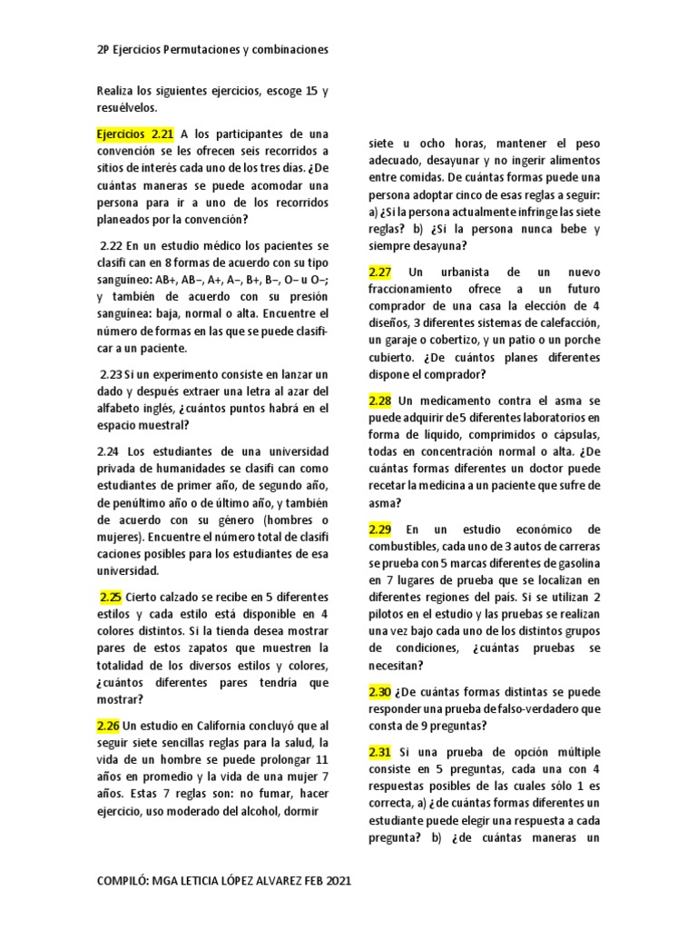 Ejercicios de Permutaciones y Combinaciones | PDF
