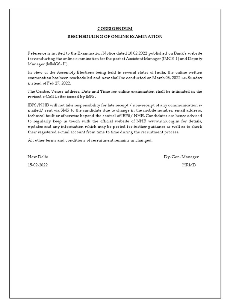 Corrigendum Rescheduling of Online Examination | PDF