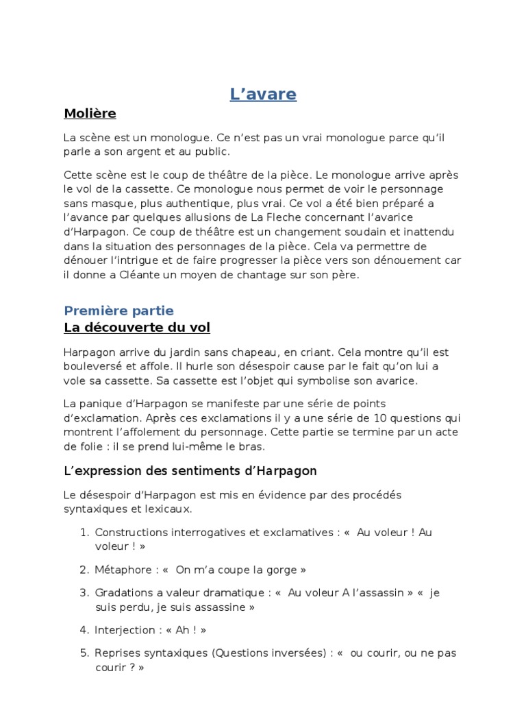 Lavare Acte 3 Scene 1 Analyse L'Avare (Moliere) : Resume | PDF | Molière | Torture