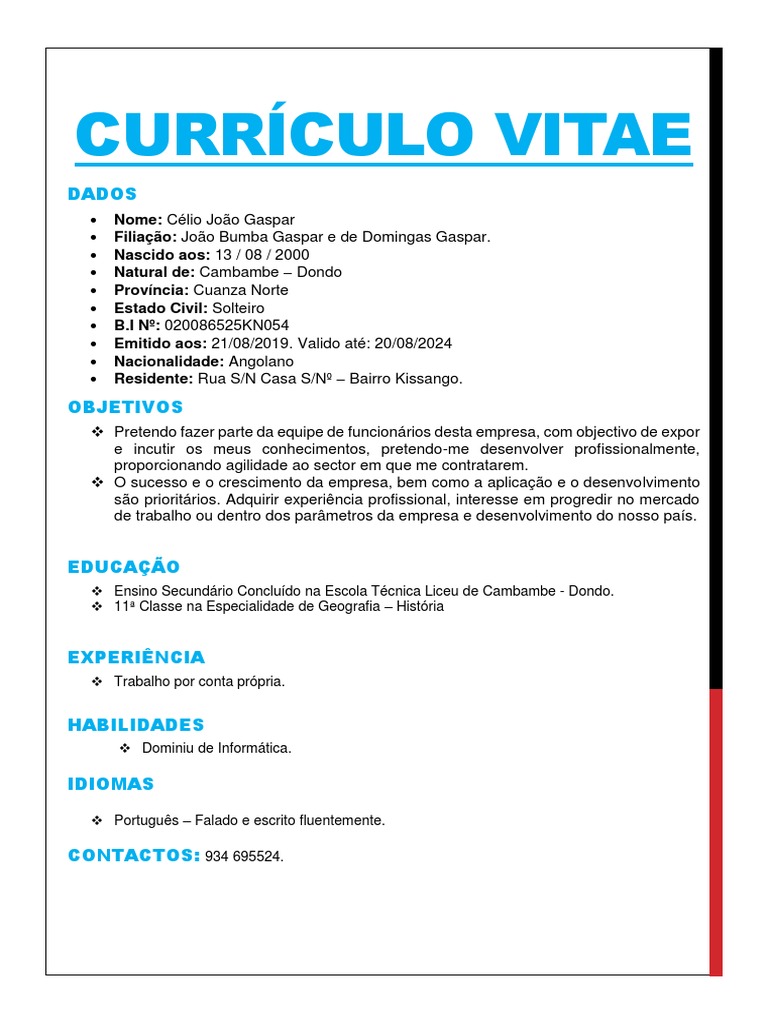 Currículo Vitae de Célio João Gaspar | PDF | Carreira e Crescimento