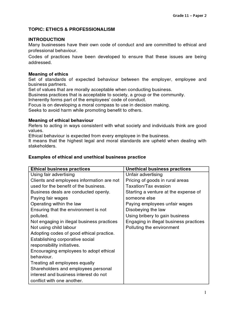 professionalism and ethics essay grade 11 memorandum