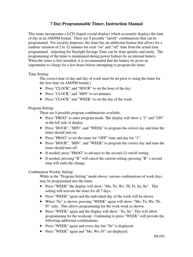 7 Day Programmable Timer, Instruction Manual PDF Clock Timer