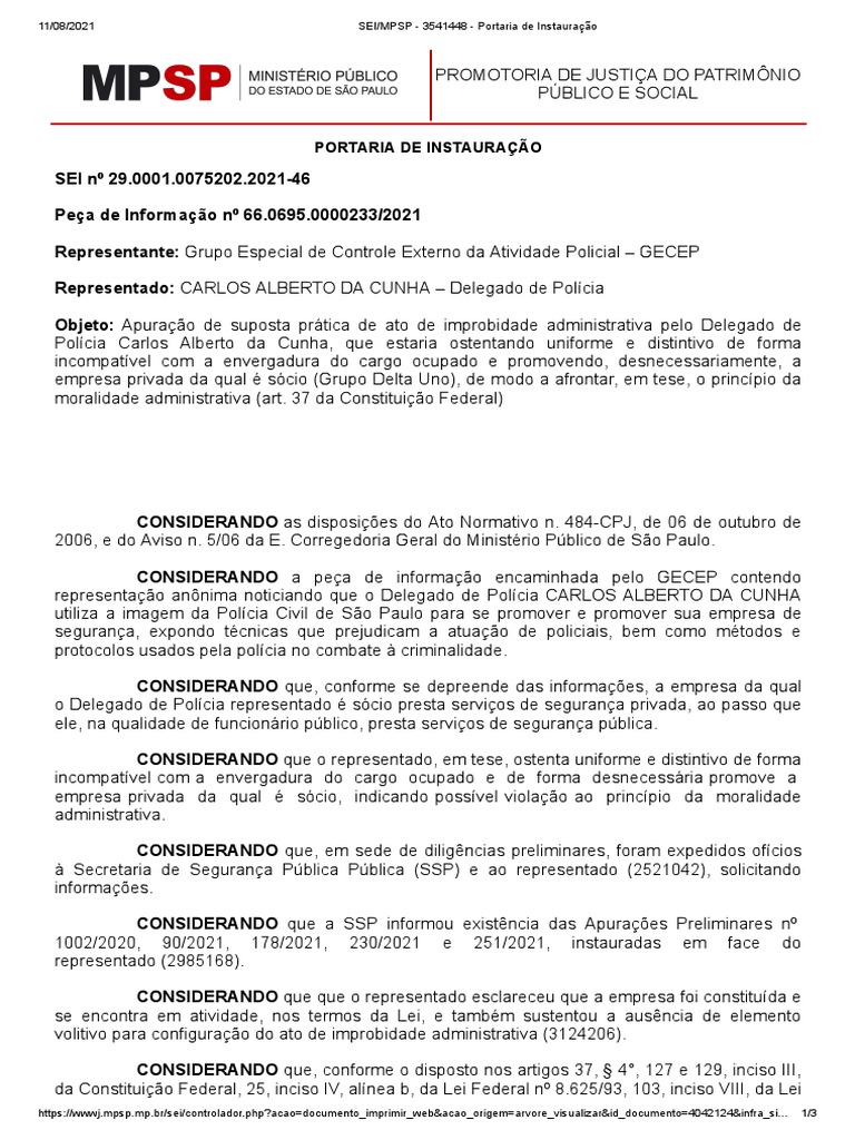 SEI - MPSP - 3541448 - Portaria de Instauração, PDF, Polícia