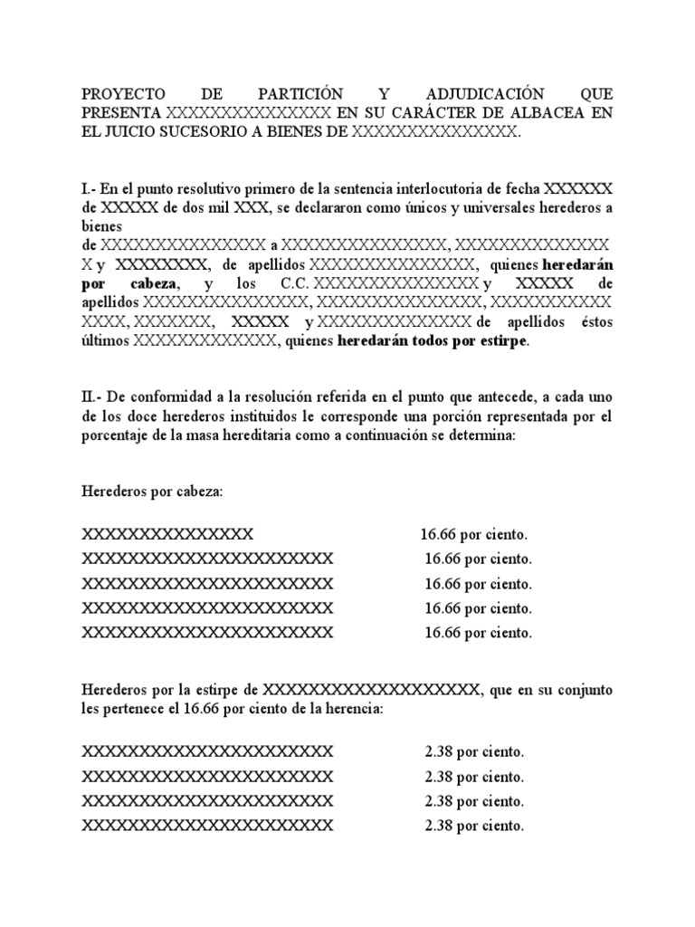 Proyecto de Partición y Adjudicación Que Presenta PDF Herencia Ley común