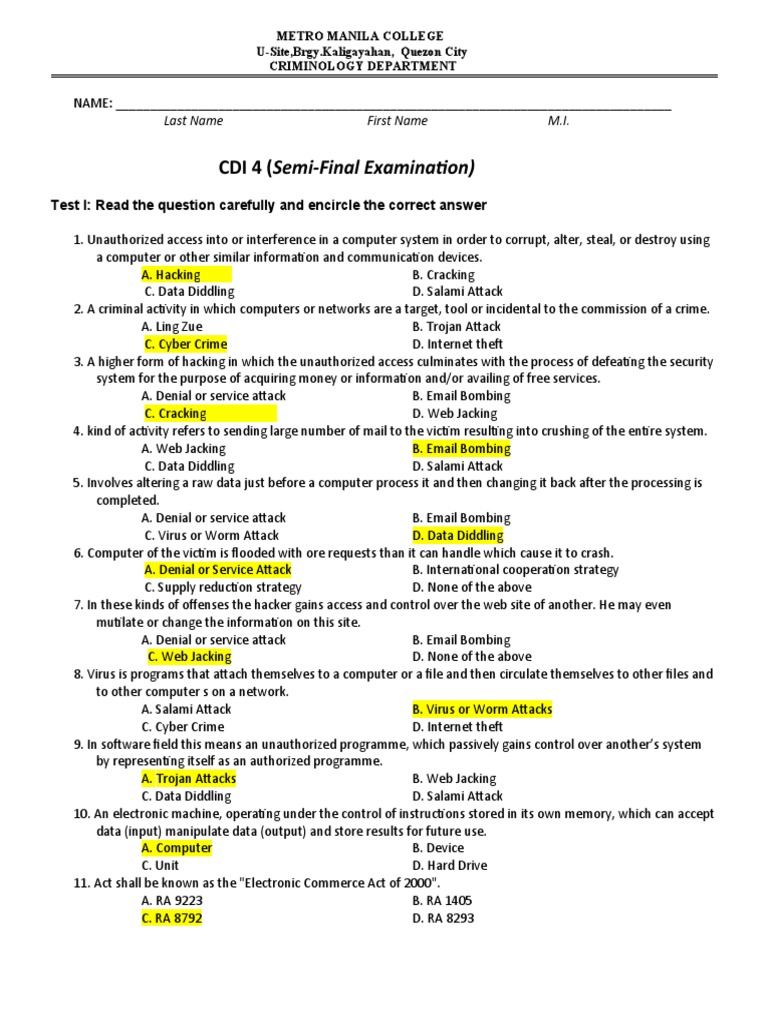 CDI 4 (Semi-Final Examination) : Last Name First Name M.I | PDF ...