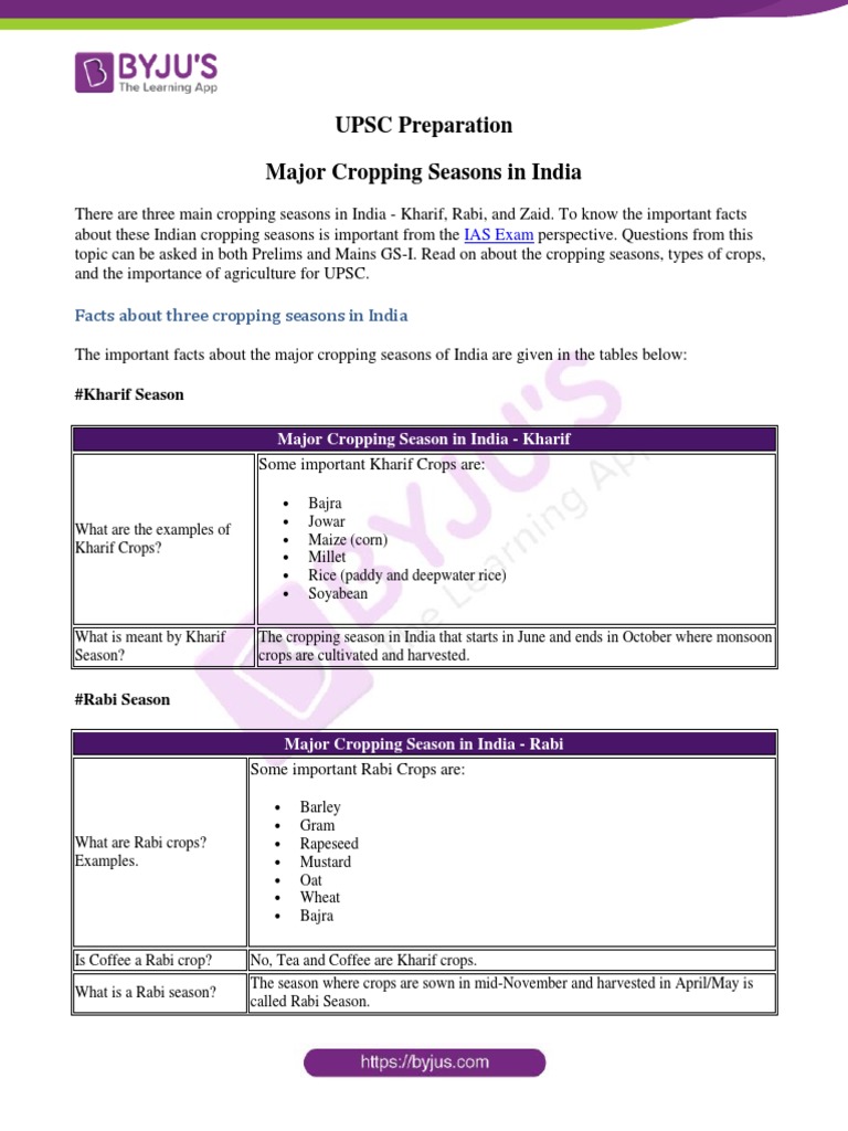 Major Cropping Seasons In India Pdf Cereals Agriculture