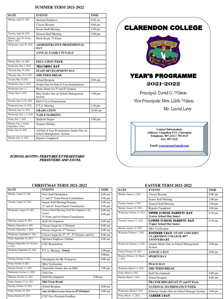 Clarendon College Calendar Programme 2021 2022 PDF