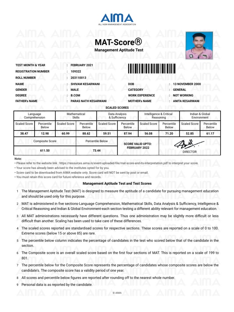 MATScore Management Aptitude Test PDF Percentile Test (Assessment)