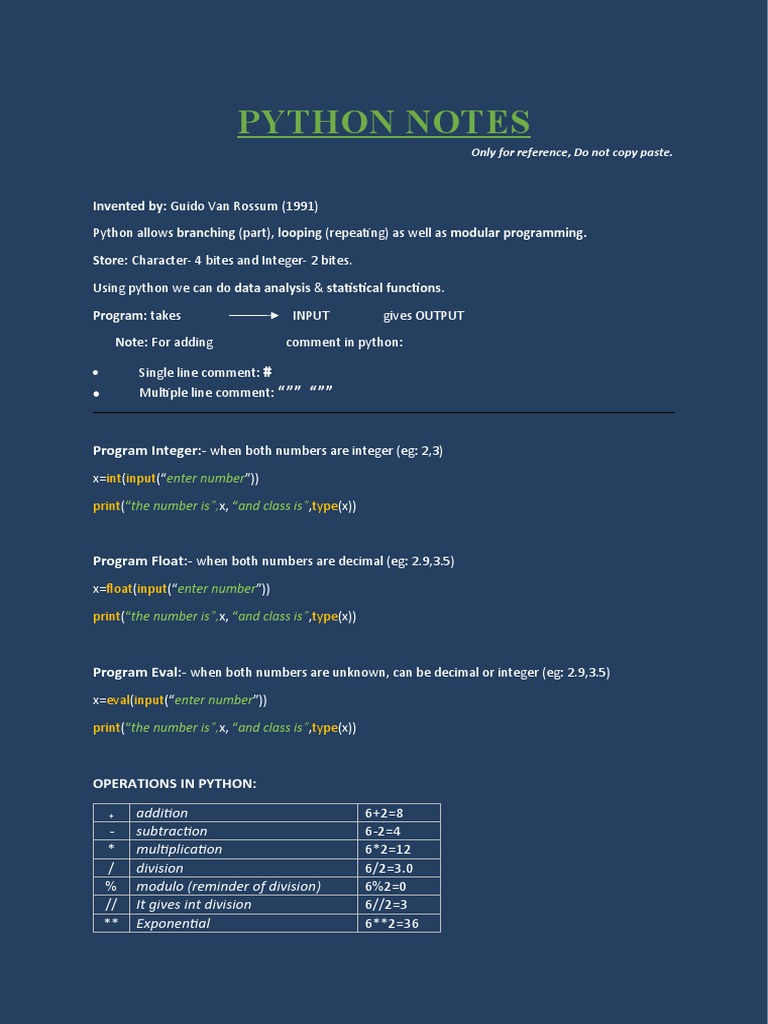Python Notes: Invented By: Guido Van Rossum (1991) | PDF