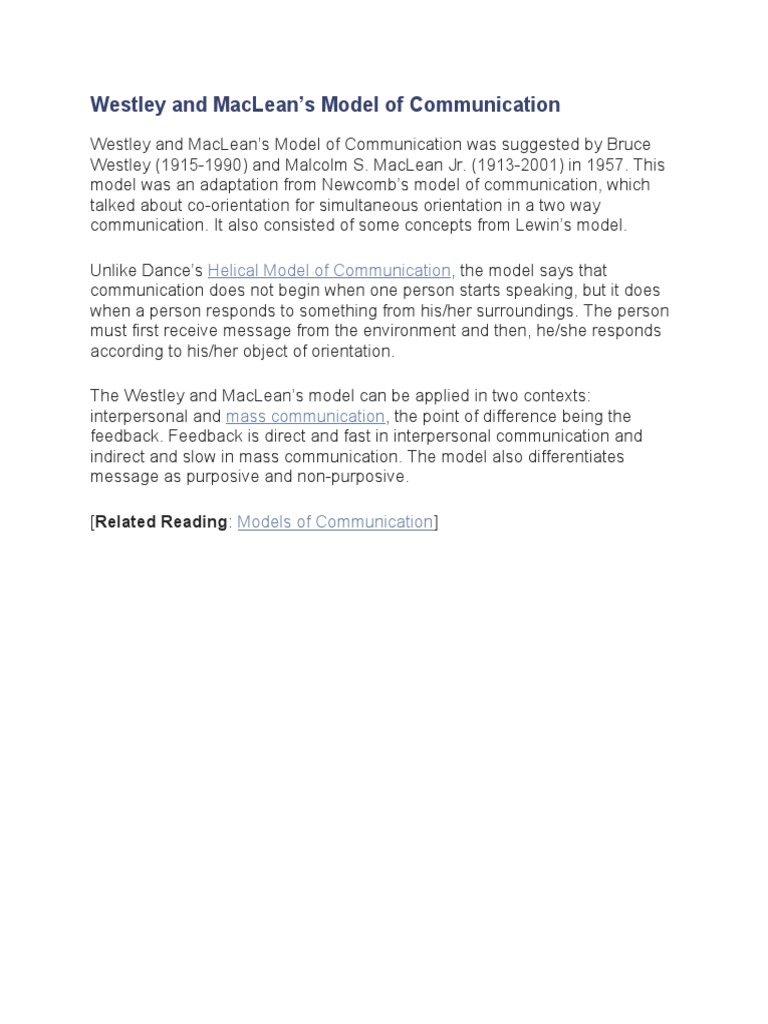 Westley and MacLean Communication Model | PDF | Communication | Experience