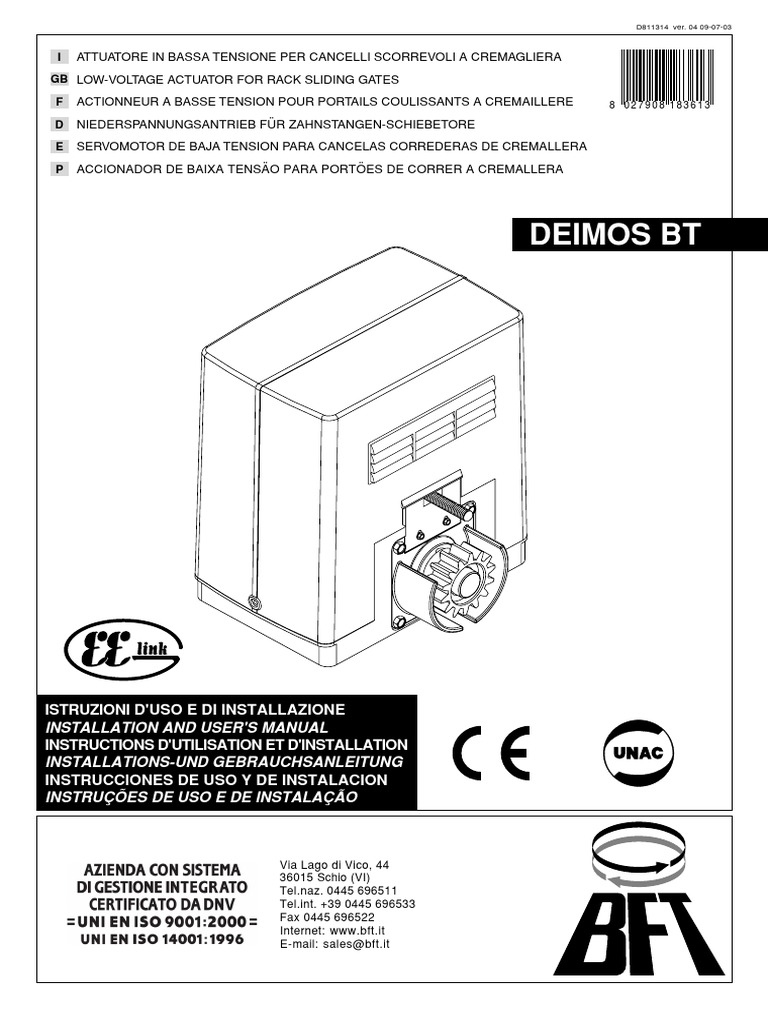 Manual de Uso Motor BFT Deimos BT PDF Engranaje Tornillo — free download