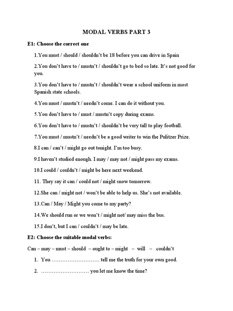 Modal Verbs Part 3: E1: Choose The Correct One | PDF