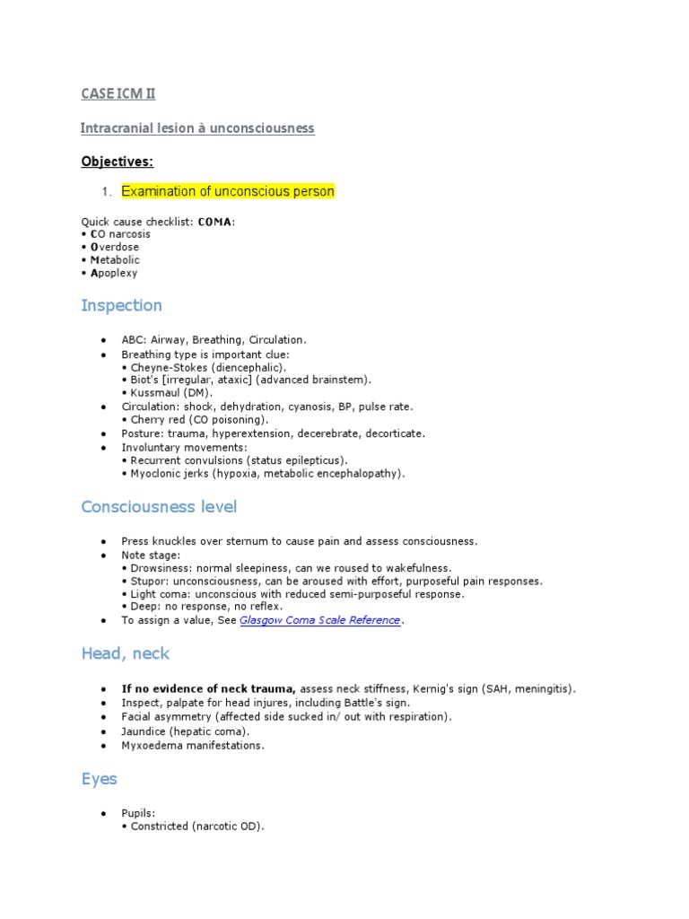 Coma Examination Guide | PDF | Coma | Diseases And Disorders