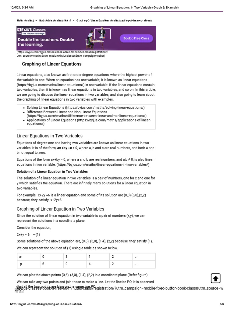 Graphing of Linear Equations in Two Variable (Graph & Example) | PDF ...