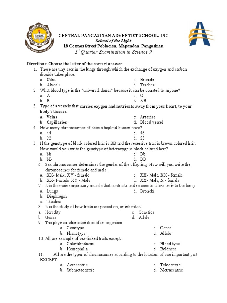 Science 9 1st Quarter Exam Questions | PDF | Dominance (Genetics) | Lung