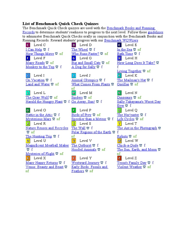 List Of Benchmark Quick Check Quizzes Pdf