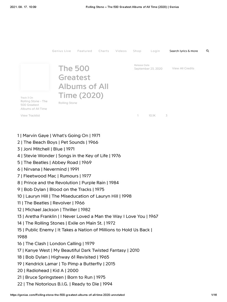 Rolling Stone The 500 Greatest Albums of All Time (2020) Genius PDF Bob Dylan Albums