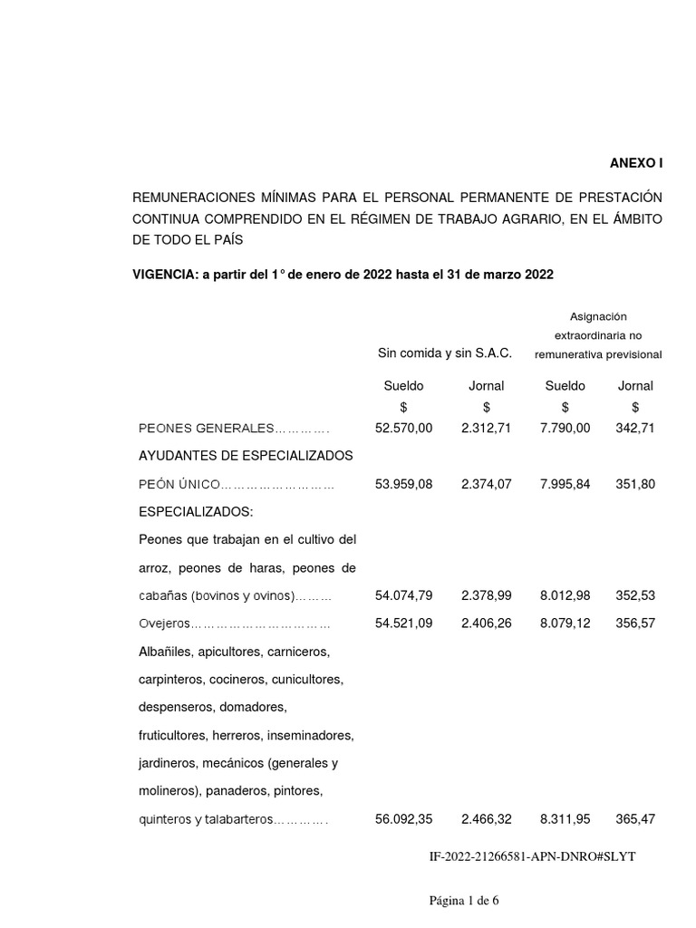Escala Salarial Peones Rurales ENERO A JULIO 2022 | PDF | Salario | Labor