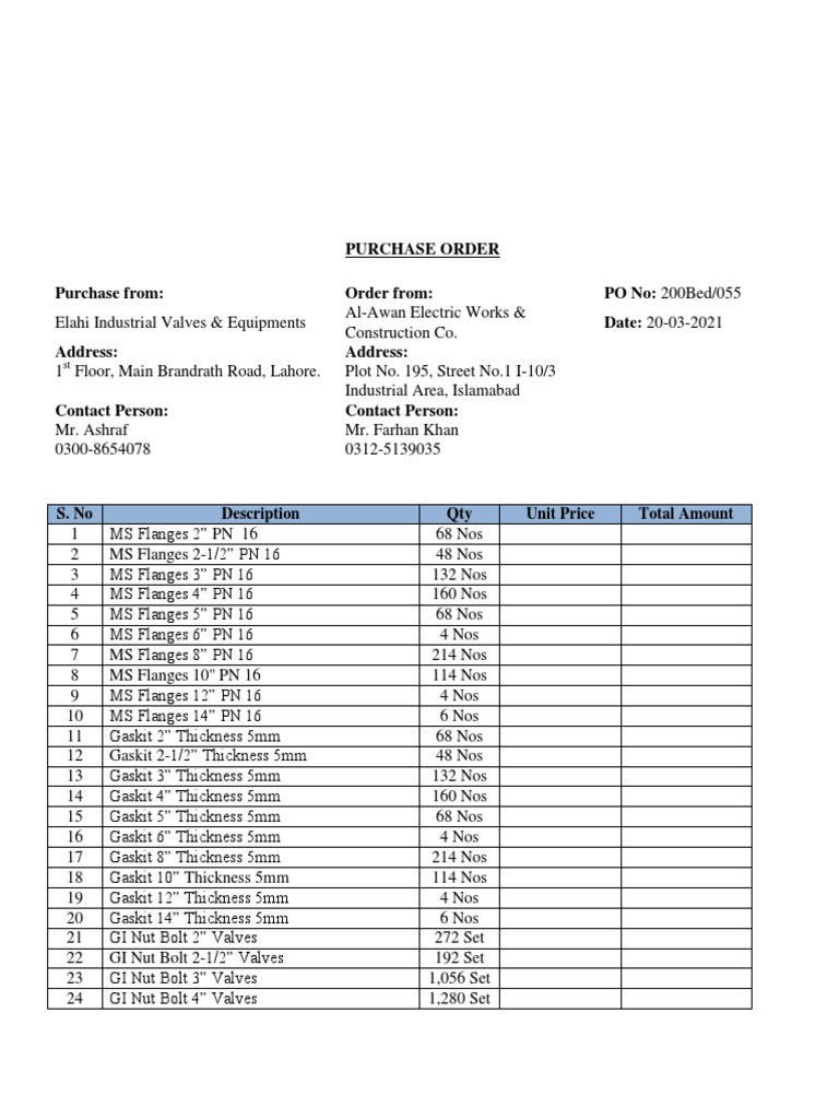 Purchase Order for Industrial Valves and Flanges Details MS Flange and ...