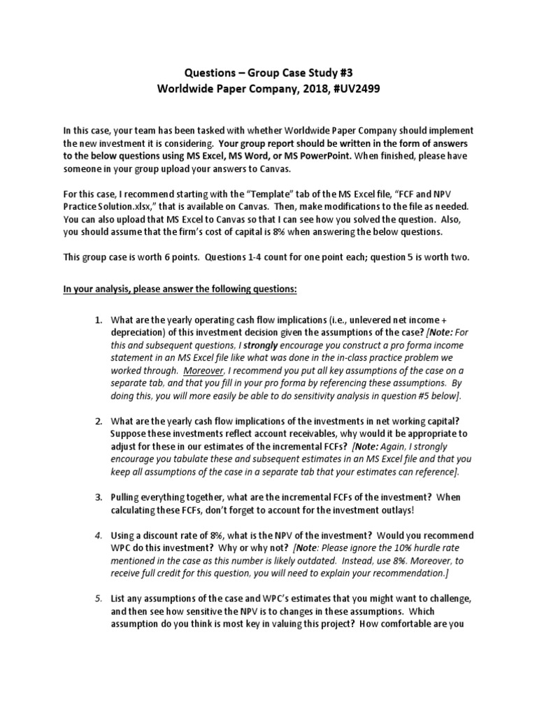 Case 3 Worldwide Paper (Questions & Hints) PDF Net Present Value Investing