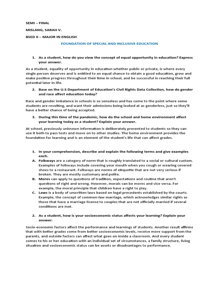 Semi Final Foundation Answer PDF Socioeconomic Status Classroom