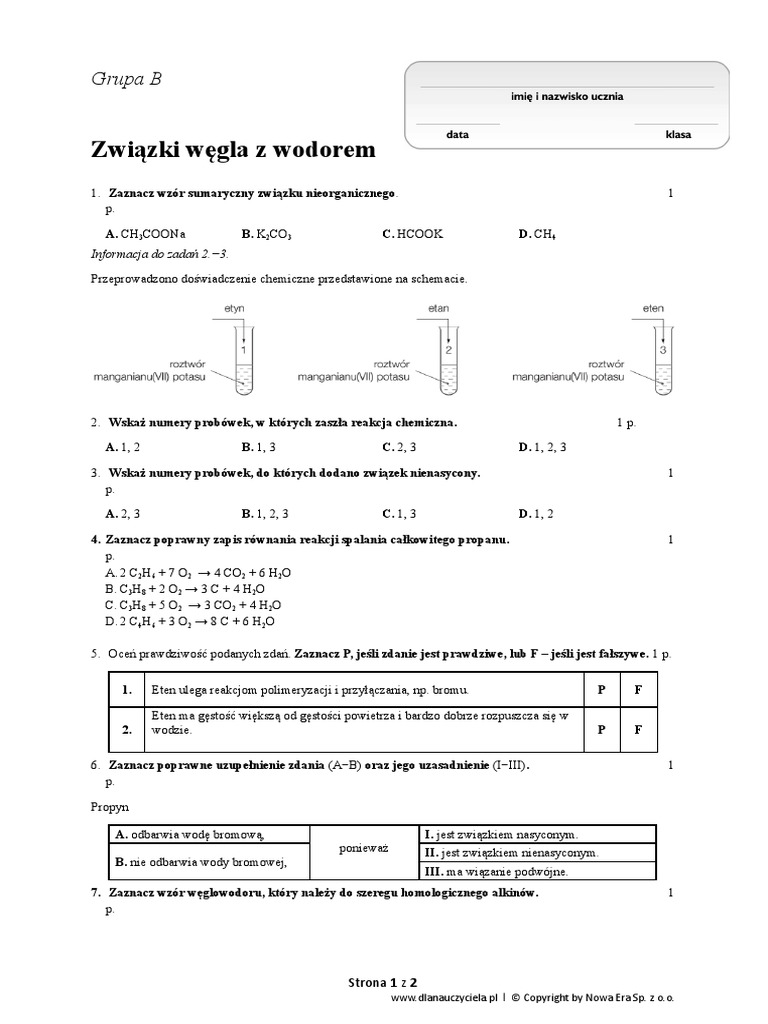Reakcje Chemiczne W Roztworach Wodnych Sprawdzian Grupa B