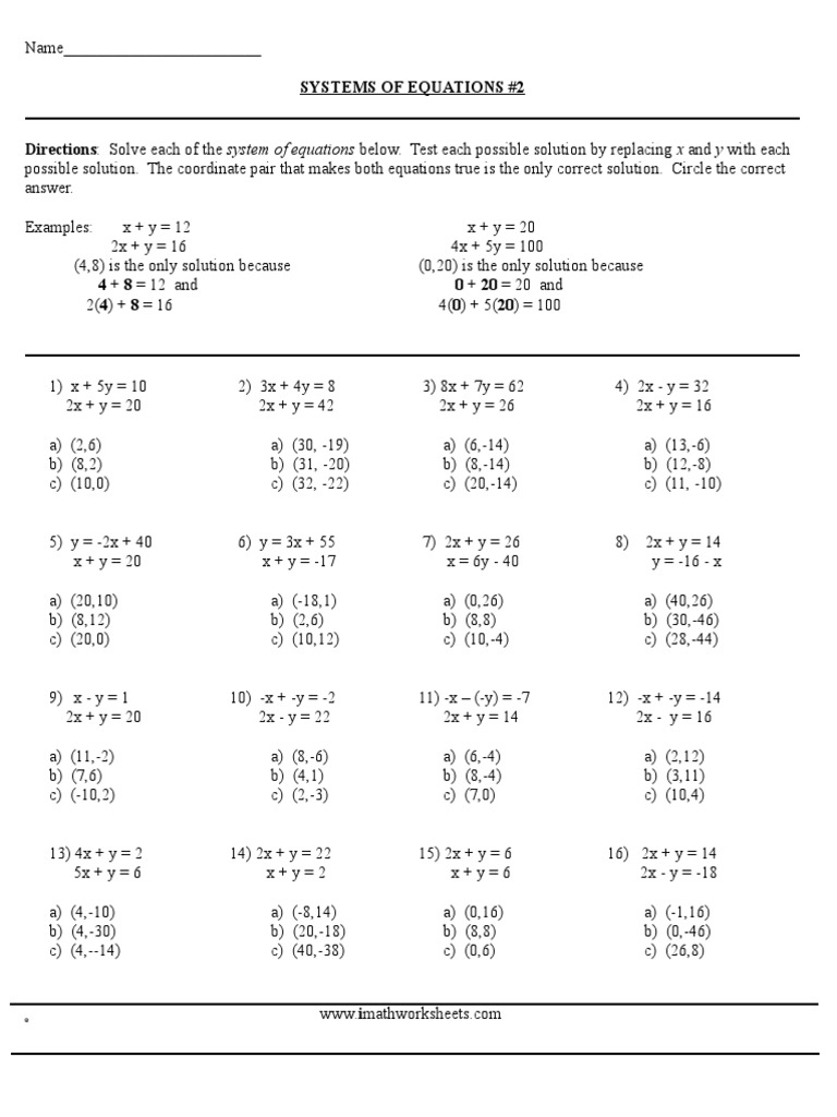Systems of Equations #2 Directions: Solve Each of The System of ...