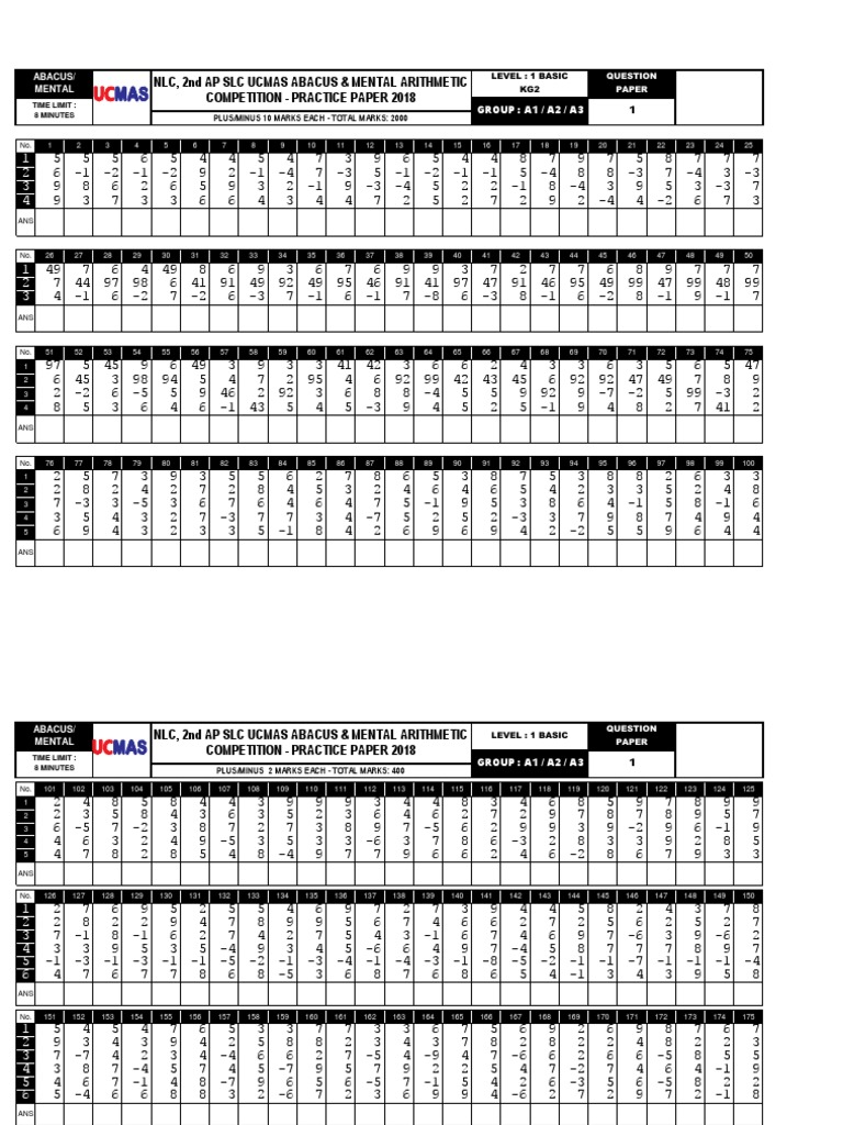 Compétition Abacus 2018 - Pratique Niveau 1 | PDF