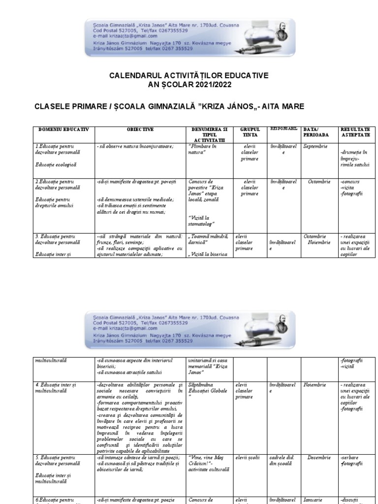 Calendarul Activitatilor Educative PDF