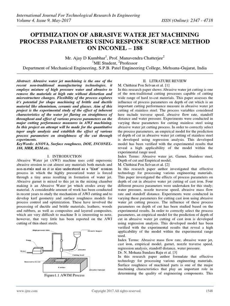 Optimization of Abrasive Water Jet Machining Process Parameters Using Responce Surface Method On