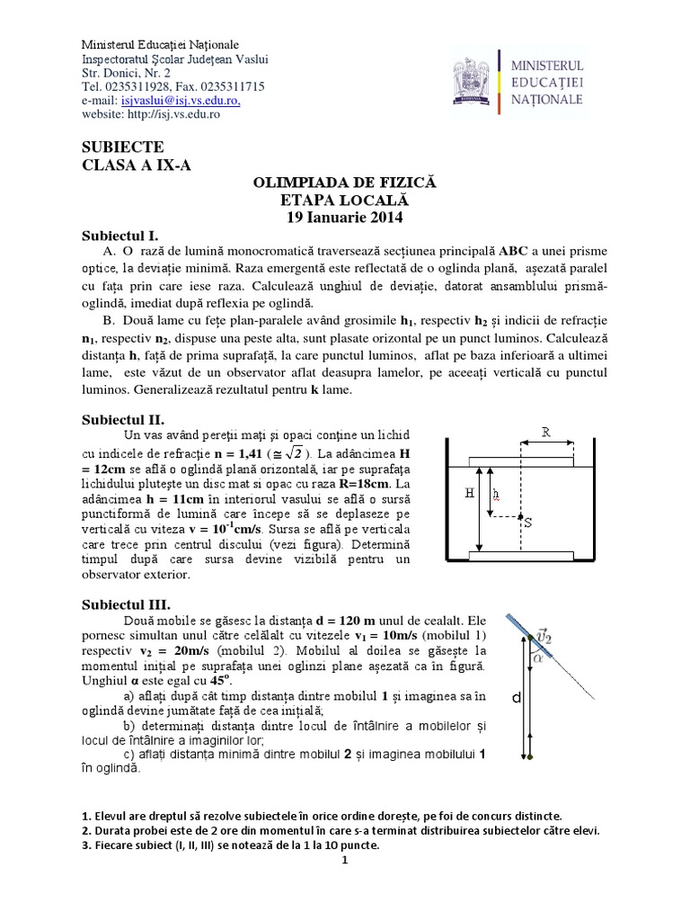Subiecte Clasa A Ix A Olimpiada de Fizica Etapa Locala PDF