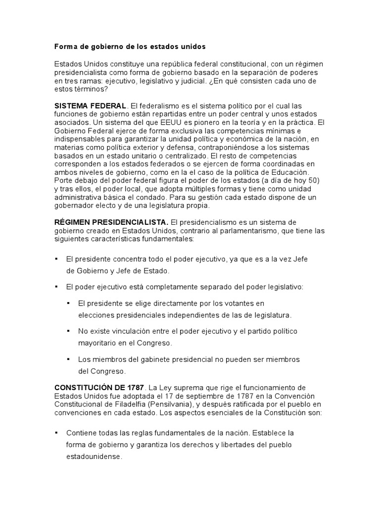 Forma de Gobierno de Los Estados Unidos | PDF | Gobierno americano ...