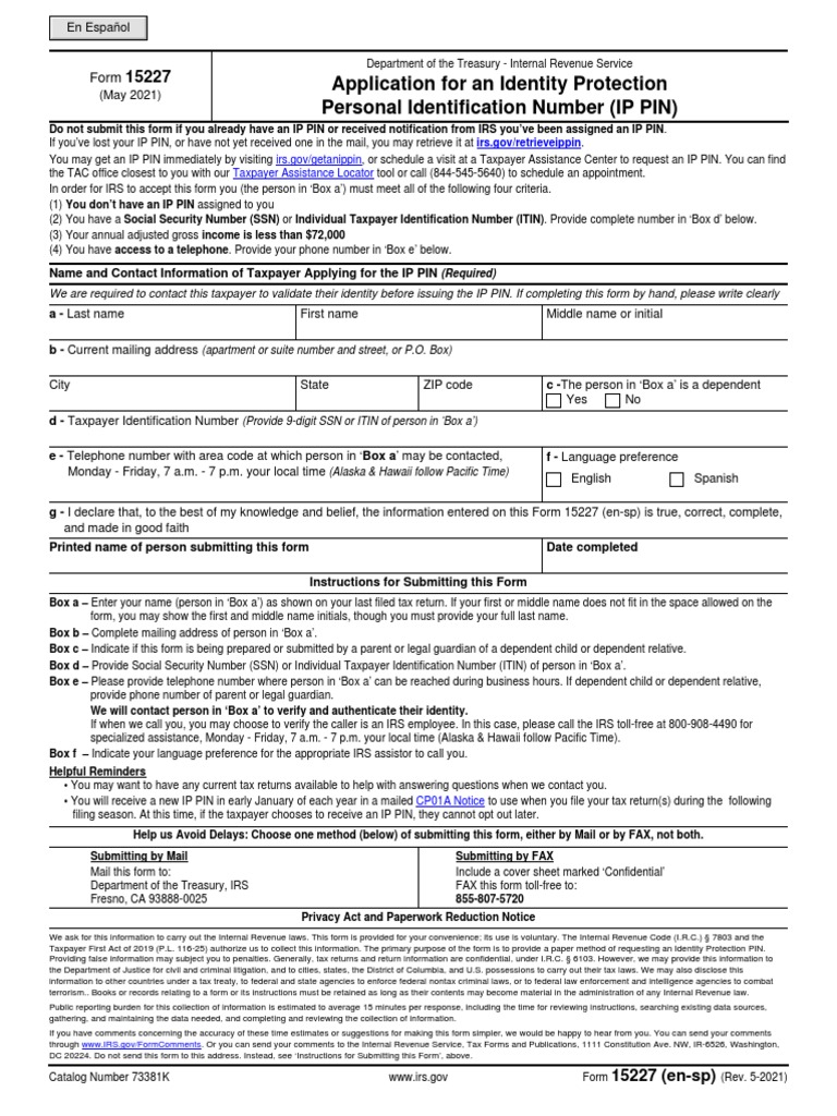Application For An Identity Protection Personal Identification Number