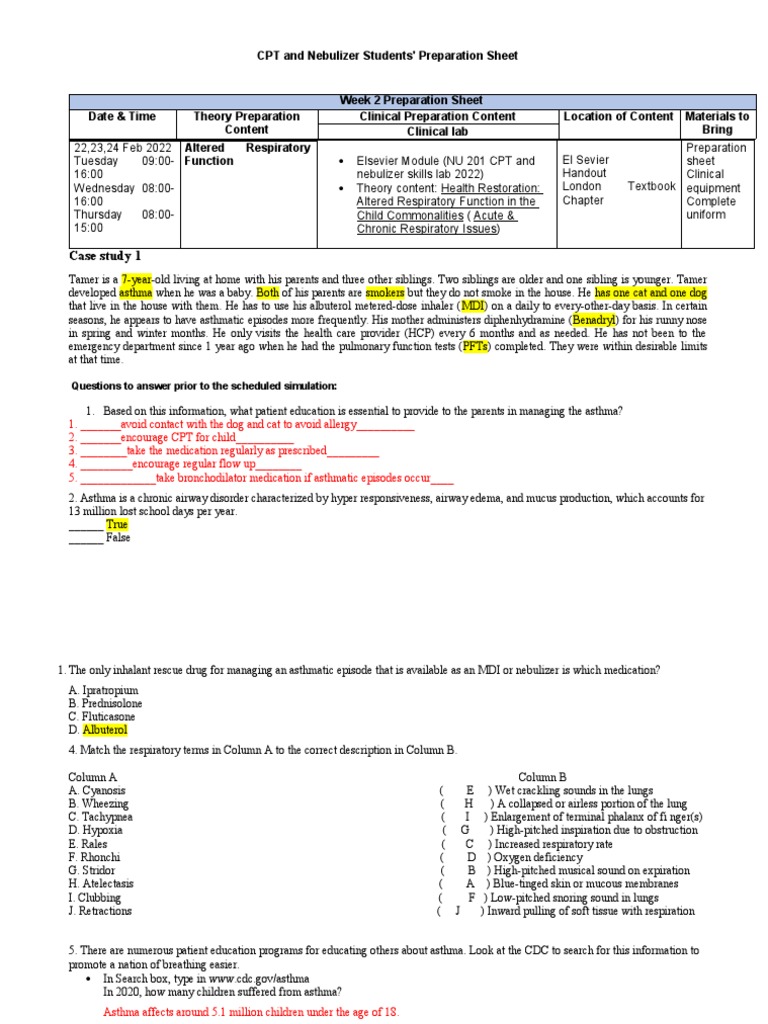 CPT and Nebulizer Preparation Sheet PDF Asthma Clinical Medicine