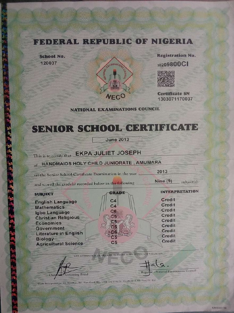 Document-WPS Neco Certificate - Compressed | PDF