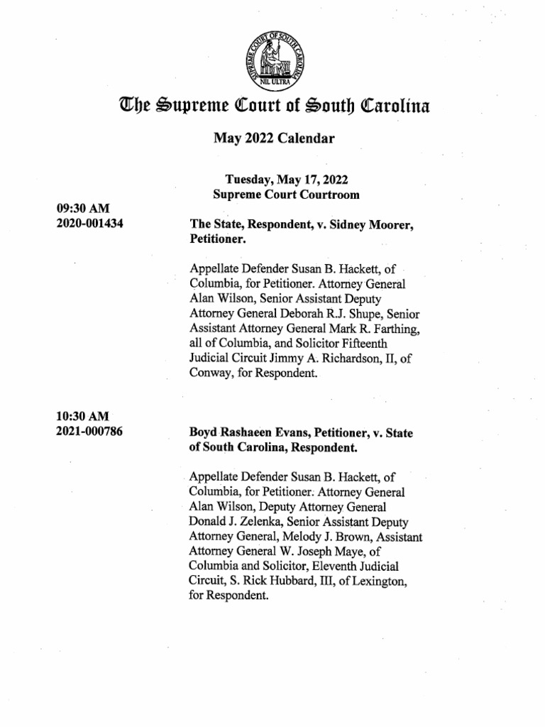 May 2022 Supreme Court Calendar PDF